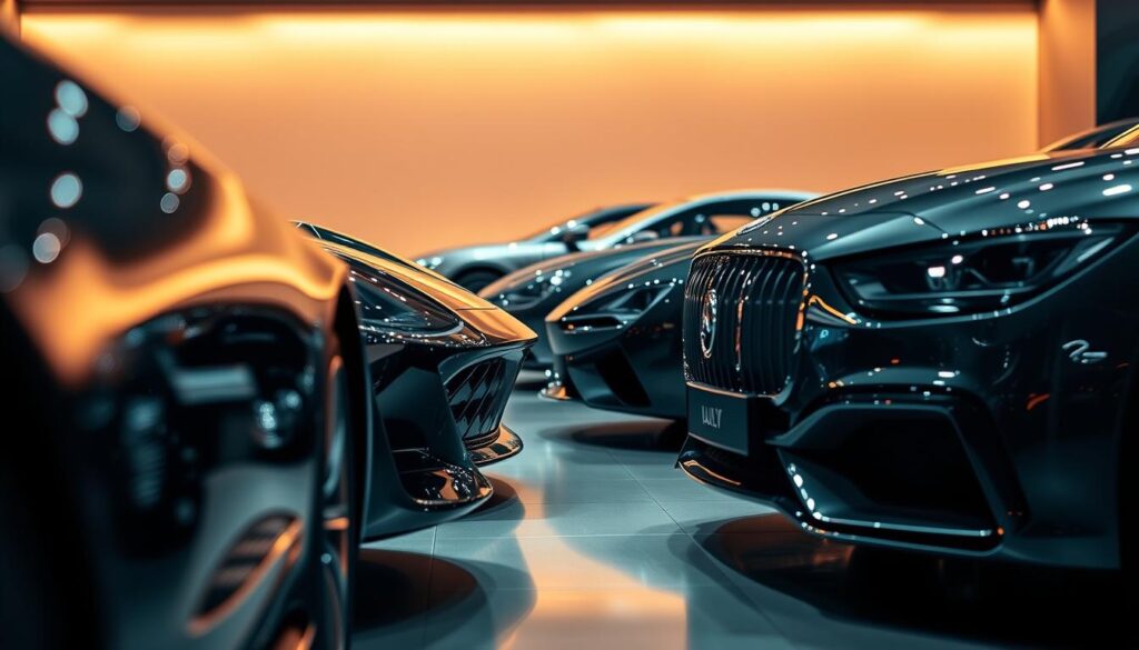A sleek and sophisticated lineup of luxury cars gleams in the spotlight, their chrome and glass exteriors reflecting the opulence of a private collection. The Luxe Vault display showcases the latest models from renowned marques, each one a masterpiece of engineering and design. Soft, directional lighting casts a warm glow, accentuating the curves and contours of these high-performance vehicles. The camera's lens captures the scene from a low, dramatic angle, emphasizing the power and presence of these symbols of prestige. An air of exclusivity and refinement pervades the scene, inviting the viewer to imagine themselves behind the wheel of these aspirational machines.