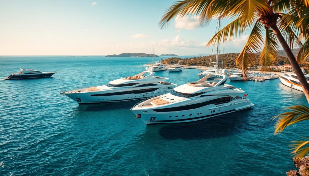 A sleek and stunning fleet of luxury yachts gently rocking on the tranquil azure waters, their gleaming hulls and towering masts reflecting the warm glow of the sun. In the foreground, the flagship vessel of the "Luxe Vault" brand commands attention, its elegant curves and opulent appointments exuding an air of exclusivity and wealth. The middle ground reveals a collection of smaller, yet no less impressive, yachts anchored nearby, their owners reveling in the ultimate symbol of success. The background is framed by a breathtaking coastal landscape, with lush palm trees swaying in the gentle breeze and a picturesque harbor in the distance, creating a serene and luxurious setting.