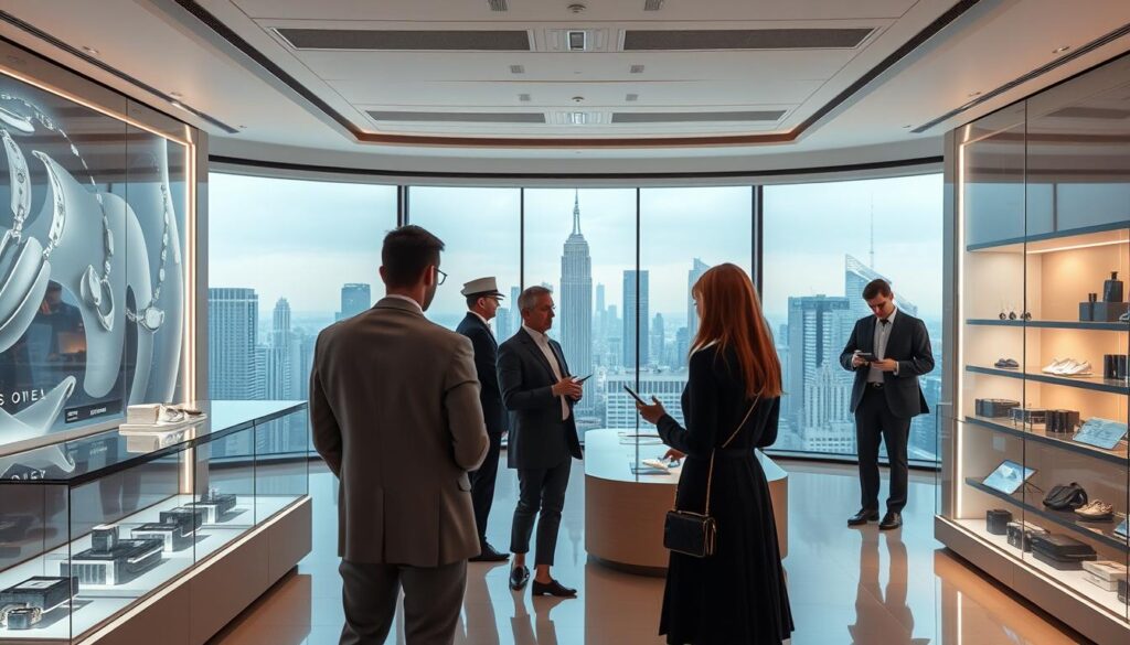 A sleek, futuristic interior of the Luxe Vault, a high-end e-commerce platform for the ultra-wealthy. The scene depicts a stylish showroom filled with cutting-edge holographic displays and interactive AR interfaces. Customers clad in elegant attire browse digital catalogs, seamlessly finalizing exclusive luxury purchases with a wave of their hand. Soft, diffused lighting casts a warm glow, while the minimalist design aesthetic evokes a sense of refined sophistication. In the background, a massive window offers a panoramic view of a gleaming, hyper-modern cityscape, symbolizing the digital future of luxury shopping.