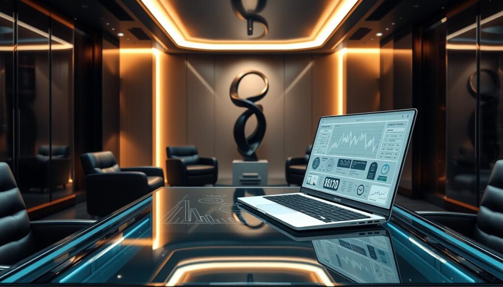 A sleek, futuristic interior of the "Luxe Vault" - a high-end financial advisory and wealth management firm catering to the ultra-rich. The foreground showcases an elegant glass and metal desk, with a minimalist laptop and a sleek touchscreen display depicting intricate financial graphs and charts. The middle ground features plush leather seating and a striking abstract sculpture, hinting at the firm's sophisticated aesthetic. The background is bathed in soft, warm lighting, creating a sense of exclusivity and refinement. The overall scene conveys the financial savviness and discerning tastes of the ultra-wealthy clientele of the "Luxe Vault".