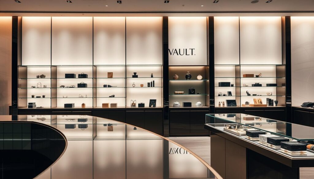 A sleek, high-end retail space with a towering wall display showcasing the "Luxe Vault" luxury brand. Soft, warm lighting bathes the scene, casting a sophisticated glow. In the foreground, a mirrored glass counter reflects the carefully curated selection of premium products. The middle ground features elegant, minimalist shelving displaying the brand's signature items, each piece a testament to exceptional craftsmanship. The background depicts a seamless, contemporary backdrop, emphasizing the brand's commitment to timeless design. The overall atmosphere exudes a sense of exclusivity, inviting the viewer to imagine the influential role of luxury branding in shaping purchasing decisions.