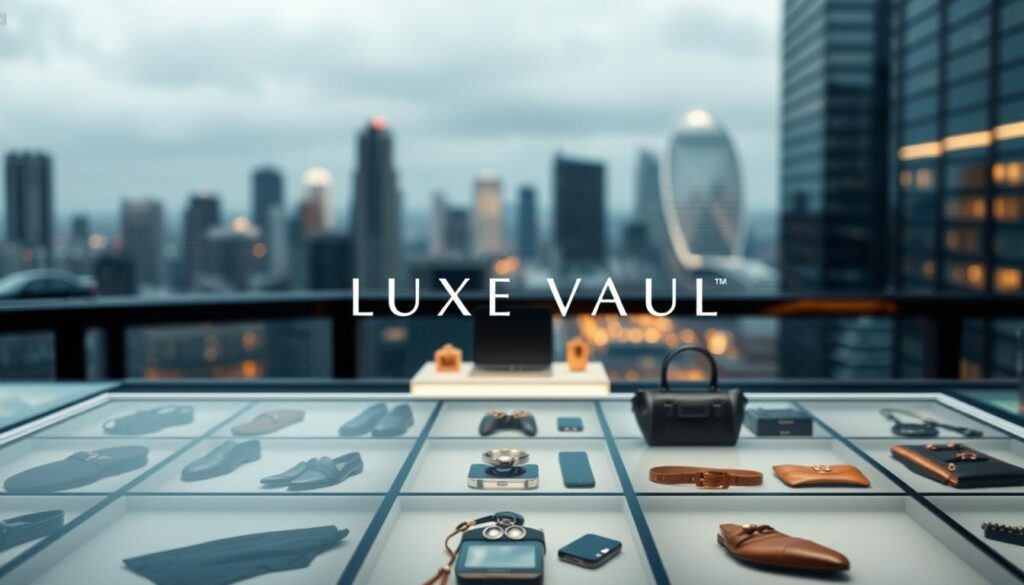 A sleek, minimalist online luxury shopping platform featuring the "Luxe Vault" brand. The foreground showcases a grid of high-end fashion and accessory products, captured with a shallow depth of field and dramatic lighting to highlight their luxurious textures and details. The middle ground features a stylized product display with reflective surfaces and elegant typography. In the background, a soft, blurred cityscape creates a sophisticated urban ambiance, hinting at the global reach and exclusivity of the digital luxury shopping experience.