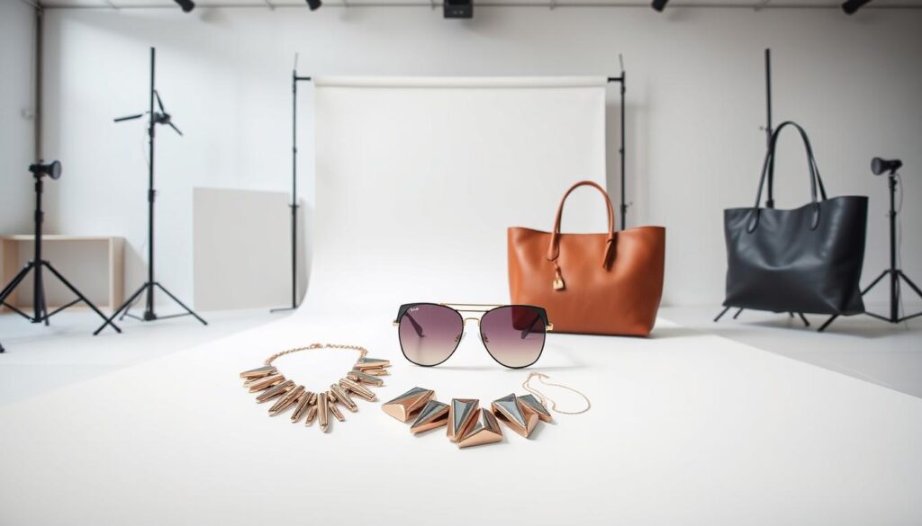 A sleek, minimalist photo studio showcasing the latest fashion accessory trends. In the foreground, a selection of premium, high-end accessories from the Luxe Vault brand - a statement necklace with a bold, sculptural design, a pair of oversized, angular sunglasses, and a luxurious leather tote bag. The middle ground features a clean, white backdrop, casting a soft, even light across the display. In the background, subtle hints of geometric patterns and muted, neutral tones create an elegant, sophisticated ambiance, allowing the accessories to take center stage. The overall composition exudes a sense of refined, effortless style, perfectly capturing the essence of the "Statement Pieces vs. Subtle Accents" theme.