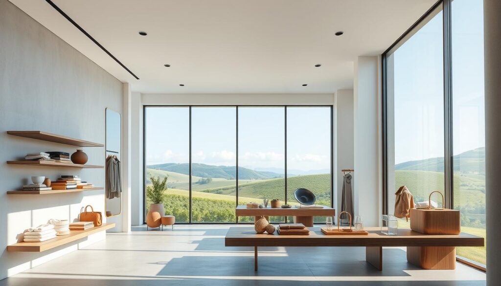 A sleek, modern e-commerce storefront for the luxury brand "Luxe Vault", showcasing sustainable fashion and accessories. The scene features a minimalist design with clean lines, natural lighting, and a neutral color palette of grays, whites, and wood tones. In the foreground, a selection of high-end, eco-friendly products are elegantly displayed on floating shelves. The middle ground depicts a spacious, well-curated showroom with large windows overlooking a lush, green outdoor environment. The background depicts a serene, natural landscape with rolling hills and a clear, blue sky, conveying a sense of tranquility and harmony. The overall mood is one of sophistication, sustainability, and a seamless integration of luxury and environmental consciousness.