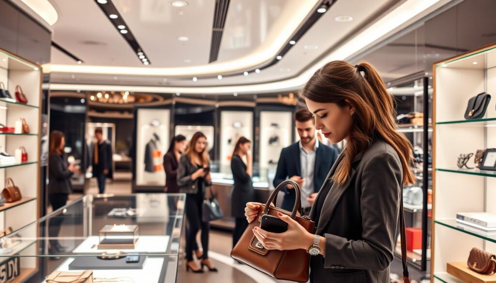 A sleek, modern interior of the Luxe Vault luxury shopping emporium. Gleaming glass displays showcase a range of high-end fashion, accessories, and jewelry. Elegant lighting casts a warm, inviting glow, while minimalist shelving and fixtures create a sophisticated ambiance. In the foreground, a stylishly dressed millennial customer examines a designer handbag, immersed in the tactile, personalized shopping experience. In the background, young professionals browse the latest seasonal collections, their expressions reflecting a sense of exploration and indulgence. The scene conveys the intersection of technology and luxury, where seamless digital integration enhances the tactile, exclusive nature of premium retail.