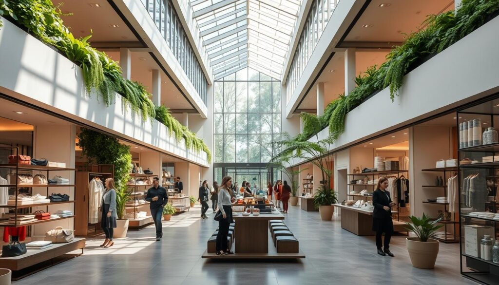 A sleek, modern interior of the Luxe Vault sustainable luxury shopping center. A spacious atrium with floor-to-ceiling windows floods the space with natural light. Minimalist design elements like clean lines, polished concrete floors, and metal accents create an elegant, high-end ambiance. Lush green walls and potted plants add organic touches, reflecting a commitment to sustainability. Customers browse stylish yet eco-friendly fashion, accessories, and home goods from premium brands, conveying a sense of refined, conscious consumption. The scene exudes an atmosphere of elevated, guilt-free luxury, perfectly capturing the values of the ultra-wealthy in 2025.