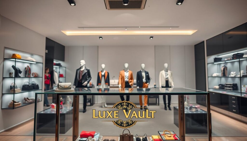 A sleek, modern interior with a glass display showcasing an array of high-end fashion items and accessories. In the foreground, a display case prominently features the "Luxe Vault" brand logo, hinting at the affordability of these luxury goods. The middle ground includes several mannequins dressed in stylish, designer-inspired outfits, while the background depicts a minimalist, well-lit space with clean lines and a sense of sophistication. The overall atmosphere conveys an air of attainable luxury, where premium quality and desirable aesthetics are within reach. Soft, diffused lighting from above casts a warm, inviting glow throughout the scene.