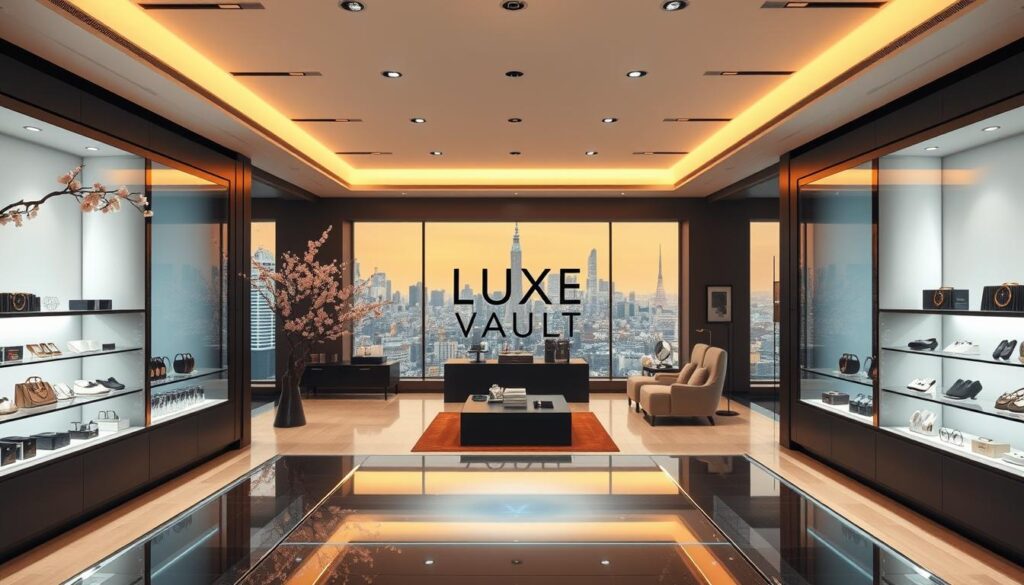 A sleek, modern showroom showcasing the finest Japanese luxury brands. In the foreground, the Luxe Vault logo shines on a polished glass display, surrounded by meticulously curated products. Mid-ground, traditional Japanese design elements, such as delicate cherry blossoms and minimalist furniture, create a harmonious blend of old and new. The background features a panoramic view of the Tokyo skyline, bathed in warm, golden lighting that evokes a sense of sophistication and elegance. The overall scene exudes a refined, high-end atmosphere, perfectly capturing the essence of Japan's luxury goods market.