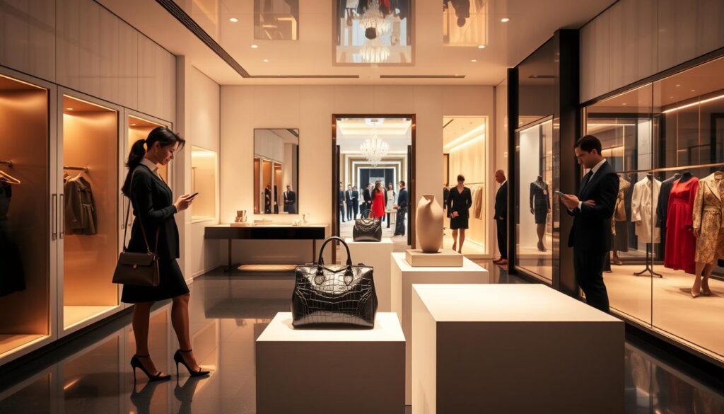 A sleek, modernist interior of the Luxe Vault, an exclusive membership-based luxury shopping experience. In the foreground, a stylish customer examines a rare designer handbag displayed on a minimalist pedestal, bathed in warm, soft lighting. The middle ground features private fitting rooms and discreet sales associates, while the background reveals a gallery of opulent fashion pieces visible through floor-to-ceiling windows. An atmosphere of refined elegance, understated luxury, and personalized service pervades the scene, capturing the essence of the elite shopping experiences of 2025.
