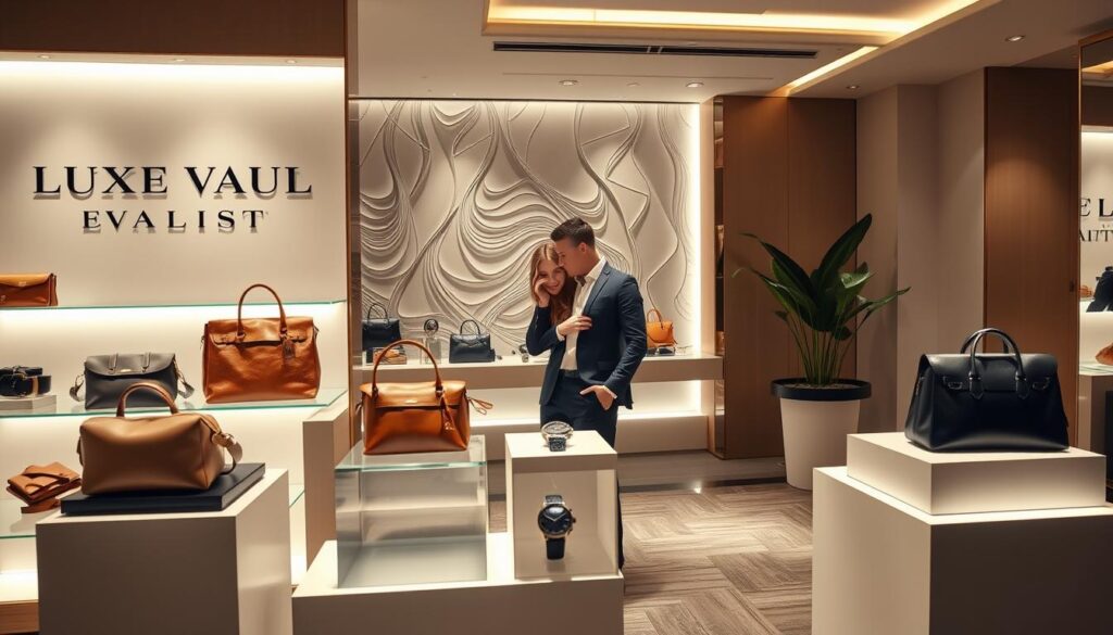 A sophisticated and chic interior space, illuminated by soft, warm lighting. In the foreground, two high-end luxury fashion brands, "Luxe Vault" and another prominent label, showcase their latest collaborative collection. Meticulously crafted accessories, including leather handbags and sleek timepieces, are elegantly displayed on minimalist shelves and pedestals. The middle ground features a stylish, well-dressed couple examining the products, embodying the fusion of exclusivity and accessibility. In the background, a lush, modern backdrop with muted tones and clean lines completes the scene, creating an atmosphere of refined opulence and aspirational luxury.