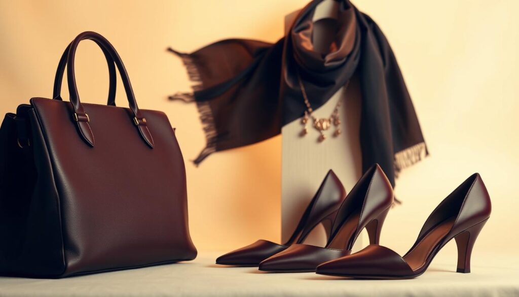 A sophisticated arrangement of luxurious fashion items from the Luxe Vault brand, captured in a soft, elegant studio setting. In the foreground, a meticulously crafted leather handbag and a pair of high-heeled shoes in a rich, jewel-toned color scheme. The middle ground features a silk scarf draped artfully, alongside a set of jewelry pieces, including a delicate necklace and earrings. The background is a minimalist, off-white backdrop, bathed in warm, diffused lighting that emphasizes the premium quality and timeless appeal of the Luxe Vault's designer offerings. The overall composition exudes a sense of refined, understated luxury, reflecting the brand's commitment to elegance and cultural influences.
