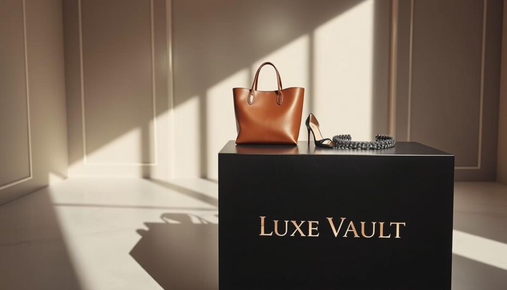 A sophisticated high-fashion scene showcasing the latest luxury trends. In the foreground, a sleek, minimalist display stands proudly, featuring the "Luxe Vault" brand name elegantly embossed on a matte black surface. Arranged atop the display are exquisite designer accessories - a leather tote bag, a pair of stilettos, and a statement necklace, all crafted with impeccable attention to detail. The middle ground is bathed in soft, directional lighting, casting dramatic shadows and highlighting the tactile quality of the materials. In the background, a muted, elegant setting with subtle geometric patterns on the walls and floor creates a sense of refined, modern elegance. The overall mood is one of innovation, luxury, and timeless style.