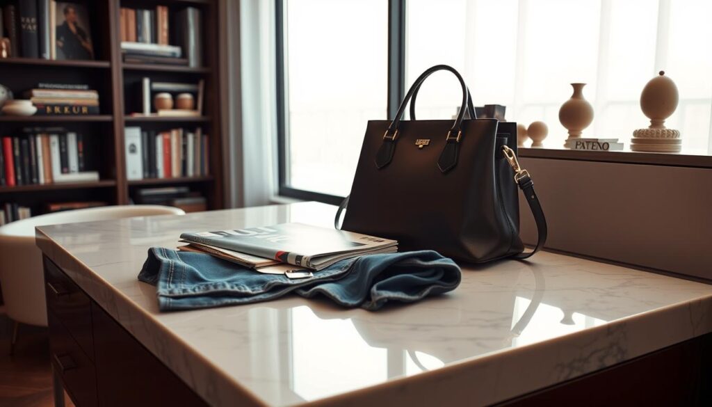 A sophisticated marble vanity top serves as the centerpiece, with a Luxe Vault designer handbag, a stack of fashion magazines, and a pair of well-worn denim jeans casually draped across it. Soft, diffused lighting from a large window casts a warm glow, creating an inviting and stylish atmosphere. In the background, a sleek, modern bookshelf showcases a mix of high-end art books and eclectic trinkets, blending the refined and the casual. The overall scene captures the effortless elegance of mixing luxury and everyday elements, hinting at the wearer's refined yet approachable sense of style.