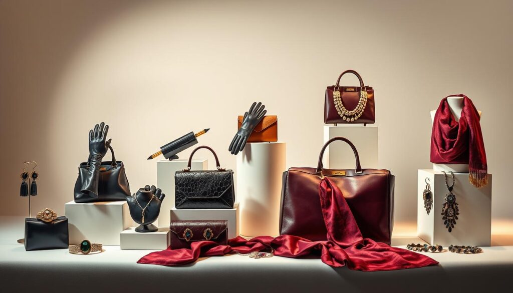 A sophisticated still life composition showcasing a curated collection of haute couture fashion accessories from the Luxe Vault luxury brand. The foreground features a meticulously arranged display of haute couture handbags, leather gloves, silk scarves, and statement jewelry pieces in a range of jewel-toned hues and textures. The middle ground includes elegant display pedestals and soft, diffused lighting casting a warm, glamorous ambiance. The background subtly fades into a minimalist, monochromatic studio setting, allowing the luxury accessories to take center stage. This scene captures the essence of timeless, high-fashion elegance and the seasonal trends that have the fashion world abuzz.