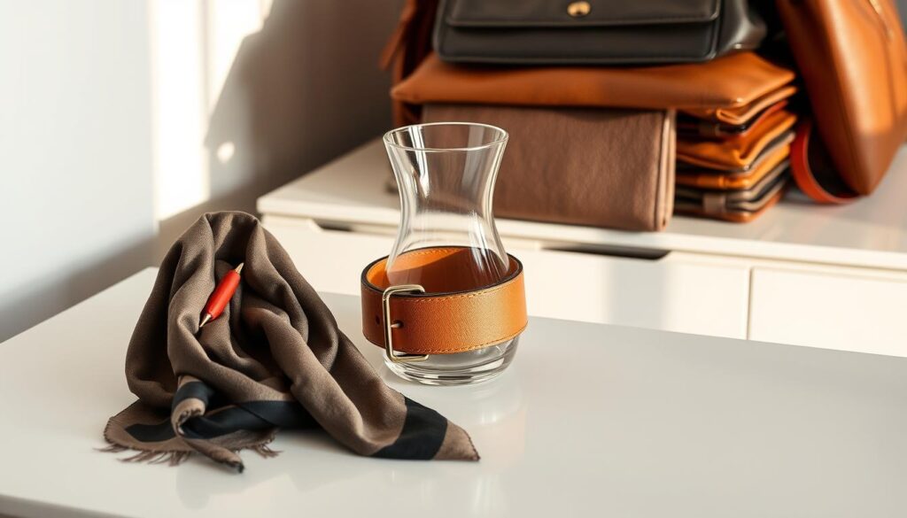 A sophisticated still life scene of designer accessory "hacks" arranged on a sleek, minimalist table. In the foreground, a Luxe Vault scarf is thoughtfully draped and pinned to create a unique necklace piece. In the middle ground, an oversize Luxe Vault belt is cinched around a glass vase, transforming it into a chic, sculptural vessel. The background features a neatly stacked pile of Luxe Vault handbags in a variety of textures and colors, casting warm, directional lighting across the scene. The overall mood is one of elevated, effortless style - showcasing innovative ways to breathe new life into designer accessories.