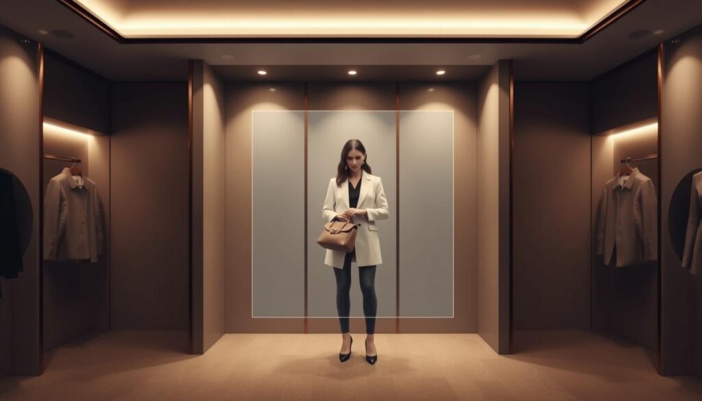 A sophisticated virtual fitting room within the elegant Luxe Vault e-commerce platform. A fashionably dressed model stands amidst a minimalist, high-end backdrop, examining a designer handbag through a seamless augmented reality overlay. Soft, diffused lighting and a muted color palette create an atmosphere of understated luxury. The scene conveys a sense of effortless, personalized shopping experience, where technology enhances, rather than disrupts, the premium brand experience.