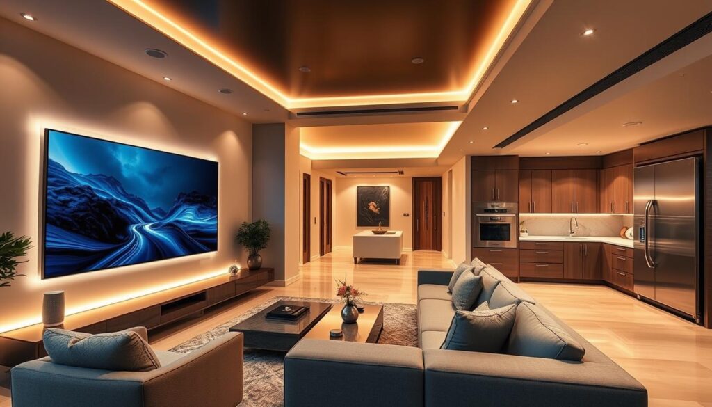 A state-of-the-art luxury smart home, bathed in warm, ambient lighting. The Luxe Vault's sleek, minimalist exterior gives way to a sumptuous interior, adorned with premium finishes and the latest high-tech gadgets. In the living room, a massive curved OLED display dominates the space, seamlessly integrated into the wall. Nearby, a voice-controlled digital assistant awaits commands. The kitchen features cutting-edge appliances, including a touchscreen oven and a smart refrigerator that tracks inventory. Upstairs, a master bedroom showcases a high-end smart home control panel, managing lighting, climate, and security with a touch. This dream home exudes sophistication, comfort, and the perfect blend of luxury and technology.