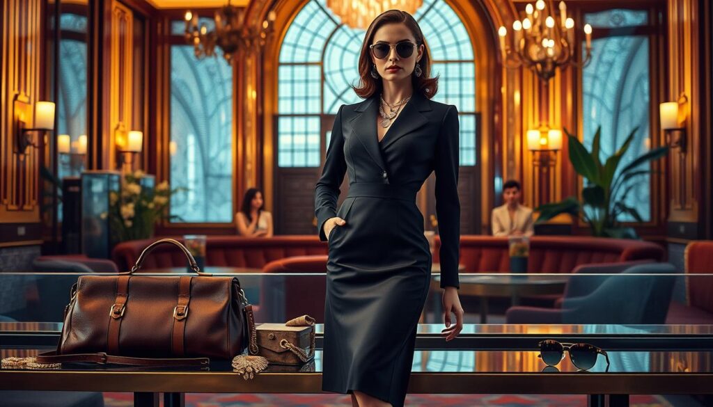 A stylish and elegant scene showcasing the latest in vintage-inspired luxury fashion trends for 2025. In the foreground, a striking model poses gracefully, wearing a sleek and tailored Luxe Vault dress that blends retro silhouettes with modern fabrics and a bold, vibrant color palette. The middle ground features a curated collection of vintage-inspired accessories, including a leather satchel, statement jewelry, and a pair of classic, yet contemporary sunglasses. The background depicts a lush, art deco-inspired setting, with rich, warm lighting and opulent details that evoke the glamour and sophistication of a bygone era, creating an atmosphere of timeless elegance.