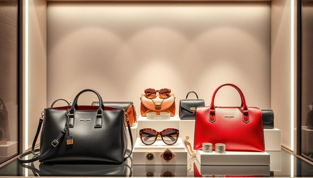 A stylish and fashionable display of luxury accessories in a sleek, modern setting. In the foreground, a collection of statement handbags and leather goods from the exclusive "Luxe Vault" brand, showcased against a minimalist backdrop. The middle ground features a selection of bold, oversized sunglasses and statement jewelry pieces, captured under soft, directional lighting that accentuates their elegant forms. In the background, a subtle, textured wall adds depth and a sense of refined sophistication to the scene. The overall atmosphere is one of high-end luxury, capturing the essence of the 2025 fashion zeitgeist - bold, iconic, and Instagram-worthy.