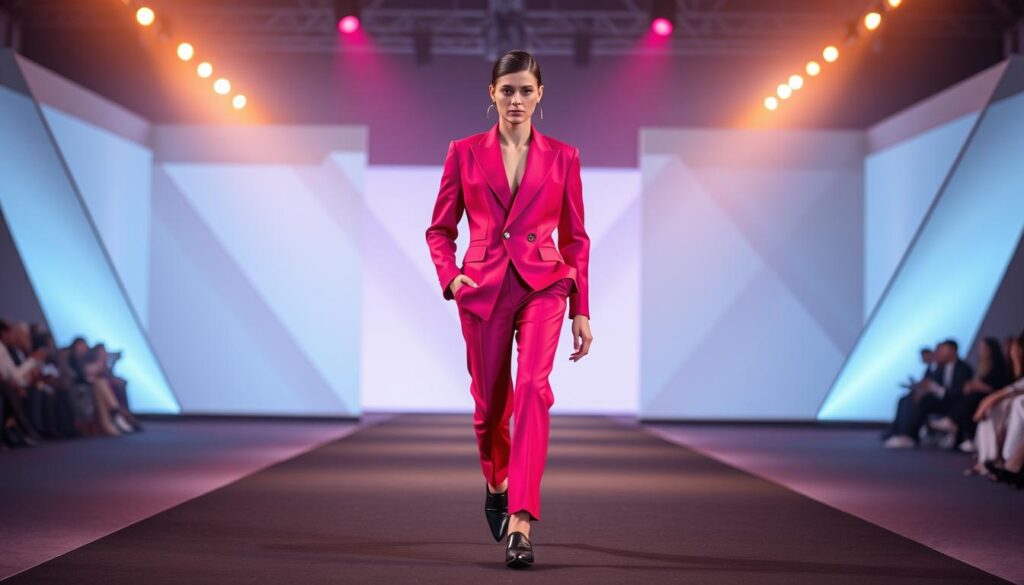 A stylish and modern fashion runway showcasing the latest luxury trends for 2025. In the foreground, a model struts down the catwalk wearing a sharp, tailored Luxe Vault suit with a playful, asymmetric cut and vibrant, jewel-toned hues. The suit is paired with sleek, minimalist accessories that add a touch of elegance. The middle ground features a backdrop of dynamic lighting, creating a bold and dramatic atmosphere. In the background, a minimalist, geometric set design with clean lines and striking angles complements the sophisticated styling. The overall scene exudes a sense of refined innovation, blending classic tailoring with a modern, avant-garde sensibility.