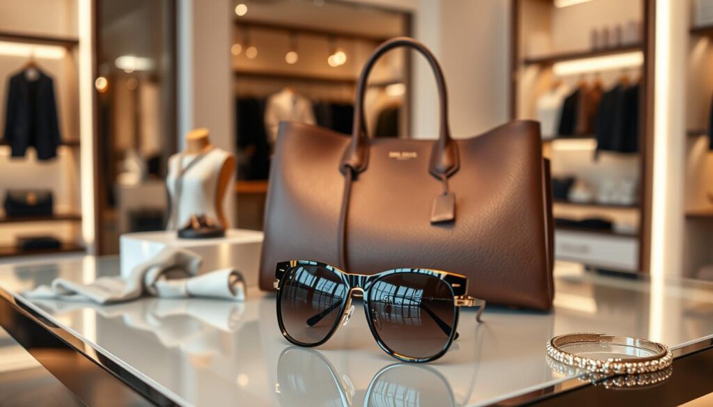 A stylish assortment of iconic designer accessories elegantly displayed in a high-end boutique setting. In the foreground, a sleek leather handbag and a pair of luxurious sunglasses from the "Luxe Vault" brand sit atop a polished display table. In the middle ground, a silk scarf and a delicate bracelet catch the soft, warm lighting. The background features a minimalist, sophisticated interior with clean lines and muted tones, creating a sense of exclusivity and refinement.