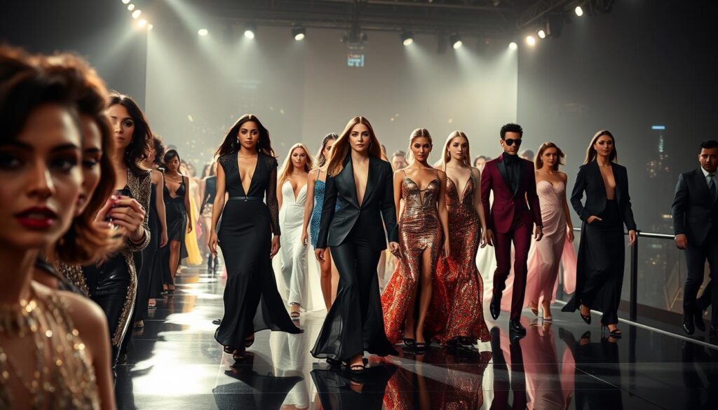 A stylish collection of high-fashion celebrity icons graces the stage, their haute couture ensembles shimmering under the bright, cinematic lighting. In the foreground, a dazzling array of A-list stars, their faces captured in dramatic, angular close-ups that showcase their chiseled features and impeccable makeup. In the middle ground, the celebrities strut down a sleek, reflective runway, their designer gowns and suits flowing gracefully with each step. The background is a moody, sophisticated cityscape, hinting at the glamour and exclusivity of the Luxe Vault fashion world. The overall mood is one of high-stakes, high-fashion excitement, capturing the essence of celebrities as trendsetters in the ultra-luxury fashion industry.
