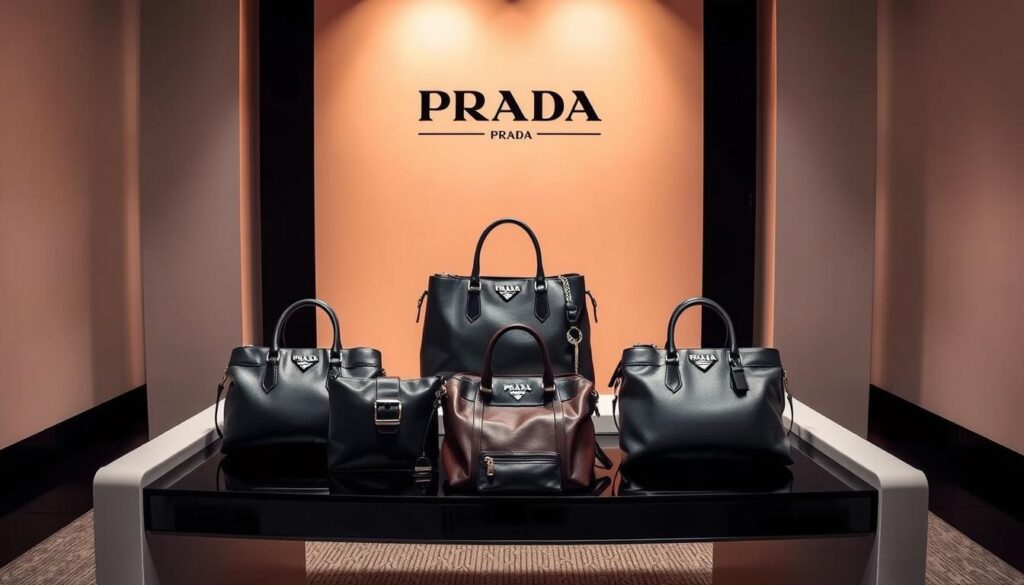 A stylish display of Prada's iconic luxury handbags, showcased in a sophisticated and elegant setting. The bags are arranged on a sleek, modern table, illuminated by warm, focused lighting that highlights their pristine leather and intricate hardware. In the background, a minimalist, high-contrast backdrop creates a sense of sophistication and exclusivity, drawing the viewer's eye to the Prada brand. The scene exudes an air of luxury, innovation, and functionality, perfectly capturing the essence of the "Prada: Innovative Designs Meet Functionality" section. Luxe Vault.