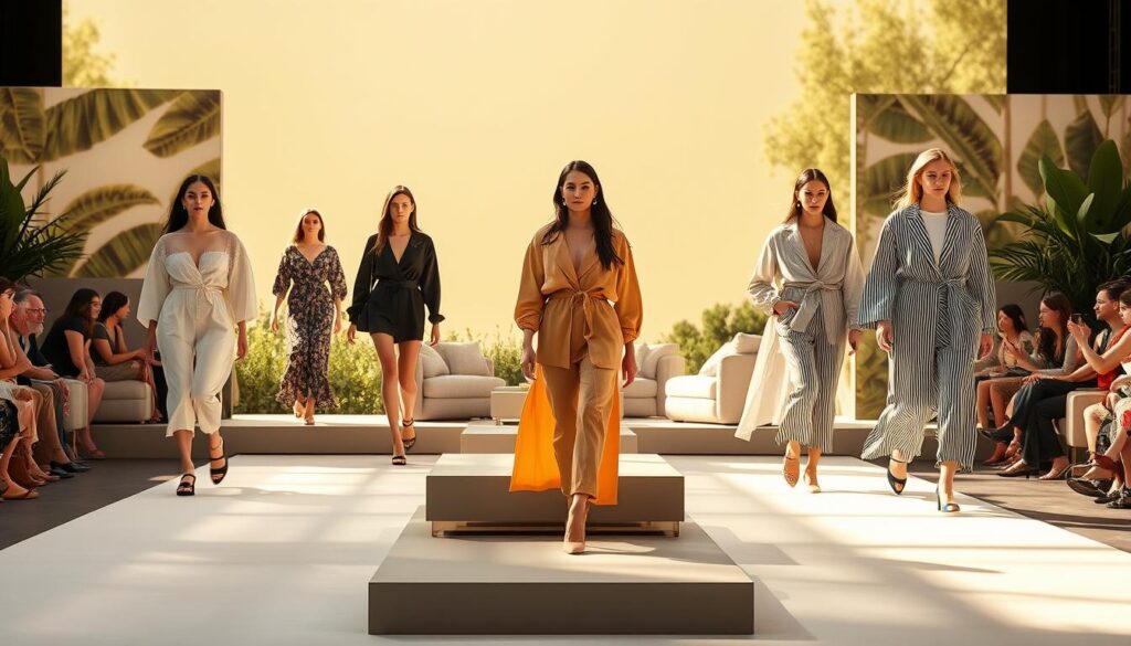 A stylish fashion runway showcasing a collection of eco-friendly designer garments from the sustainable luxury brand Luxe Vault. In the foreground, models gracefully strut down the catwalk, dressed in chic yet environmentally conscious outfits made from organic fabrics, recycled materials, and ethically sourced textiles. The middle ground features a minimalist stage design with sleek, modern furniture pieces, casting warm, natural lighting on the vibrant colors and textures of the clothing. In the background, a serene nature-inspired backdrop, with lush greenery and a tranquil, earth-toned color palette, subtly emphasizes the brand's commitment to sustainability. The overall scene exudes a sense of sophisticated elegance and forward-thinking style, reflecting the consumer demand for eco-friendly luxury fashion.