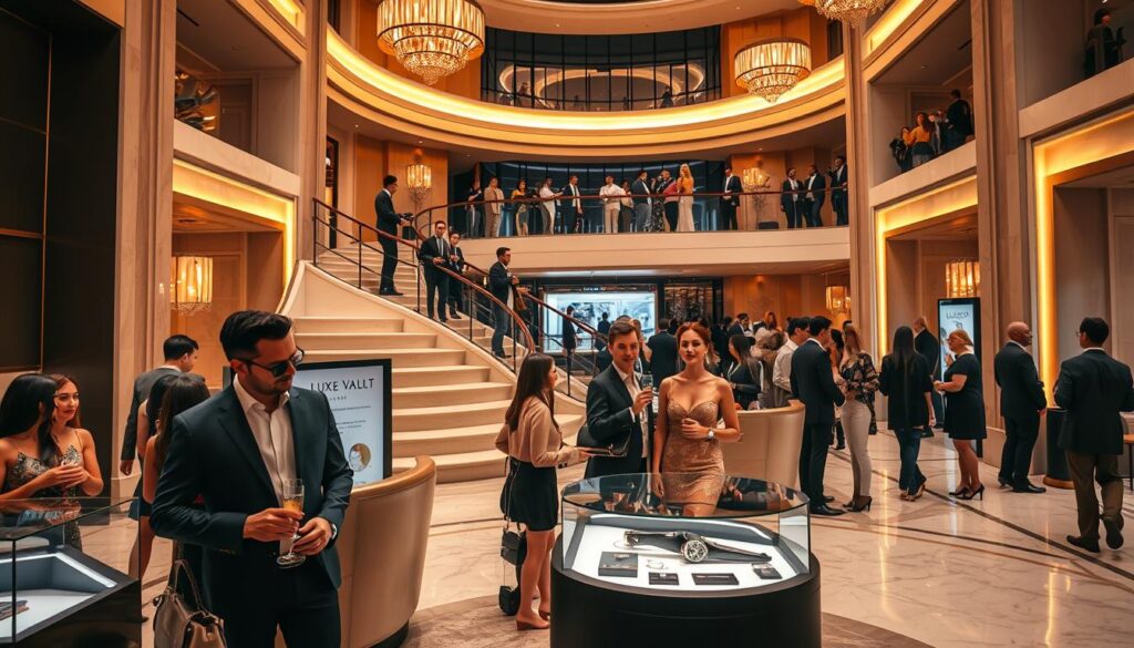 A stylish group of affluent individuals gathered in an elegant, high-ceilinged atrium, bathed in warm, golden lighting. In the foreground, a fashionably dressed couple examines a display from the "Luxe Vault" luxury brand, surrounded by other well-heeled patrons sipping champagne and conversing animatedly. The middle ground features a curved staircase leading to a mezzanine level, where more guests mingle against a backdrop of polished marble floors and sleek, contemporary furnishings. The atmosphere exudes a sense of refined sophistication and generational wealth.