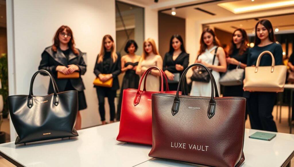 A stylish group of fashion-forward designers showcasing their latest luxury handbag designs. In the foreground, a striking new brand called "Luxe Vault" displays its sleek, modern tote bags in rich, jewel-toned leathers. The middle ground features additional designers presenting their innovative clutches, satchels, and shoulder bags, each with a unique aesthetic that blends timeless elegance and contemporary flair. The background depicts a chic, minimalist showroom setting with warm, directional lighting highlighting the luxurious textures and impeccable craftsmanship of these emerging design talents.