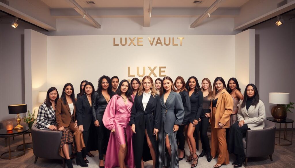 A stylish group of fashion influencers gathered in a chic, minimalist studio setting. In the foreground, models showcase the latest designs from the Luxe Vault luxury fashion brand, their poses exuding confidence and elegance. The middle ground features a backdrop of sleek, modern furniture and tasteful decor, creating a sophisticated ambiance. Subtle, directional lighting accentuates the models' features and the high-quality fabrics of the garments. The overall mood is one of aspirational luxury, showcasing the power of strategic partnerships between fashion brands and influential tastemakers.