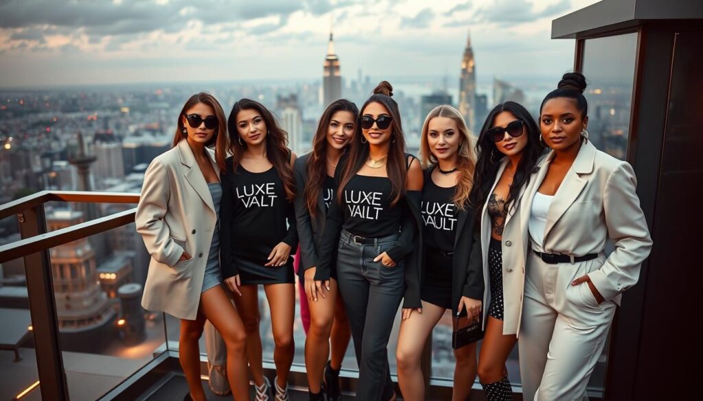 A stylish group of fashion influencers posing together on a chic city rooftop, the Luxe Vault logo prominently displayed on their designer attire. Elegant lighting casts a warm, glamorous glow, with a breathtaking cityscape panorama in the background. The influencers strike alluring, confident poses, showcasing their impeccable sense of style and the power of social media to shape fashion trends. Sleek, high-end camera angles emphasize the influencers' polished, aspirational aesthetic, inviting the viewer to envision themselves among this elite sartorial circle.