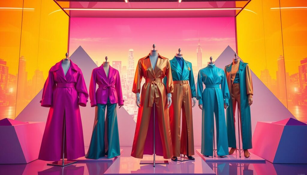 A vibrant, futuristic scene depicting the color trends for 2025. In the foreground, a stunning display of Luxe Vault's latest fashion collection, showcasing bold, saturated hues of fuchsia, teal, and metallic gold. The garments are artfully arranged, their fabrics shimmering under a warm, diffused lighting. In the middle ground, a sleek, minimalist backdrop of geometric shapes and patterns in complementary shades, creating a dynamic, visually engaging composition. The background features a dreamlike, neon-tinged cityscape, hinting at the technological advancements and urban influences that will shape the aesthetic landscape of the future. The overall mood is one of excitement, innovation, and a celebration of vibrant, unapologetic color.