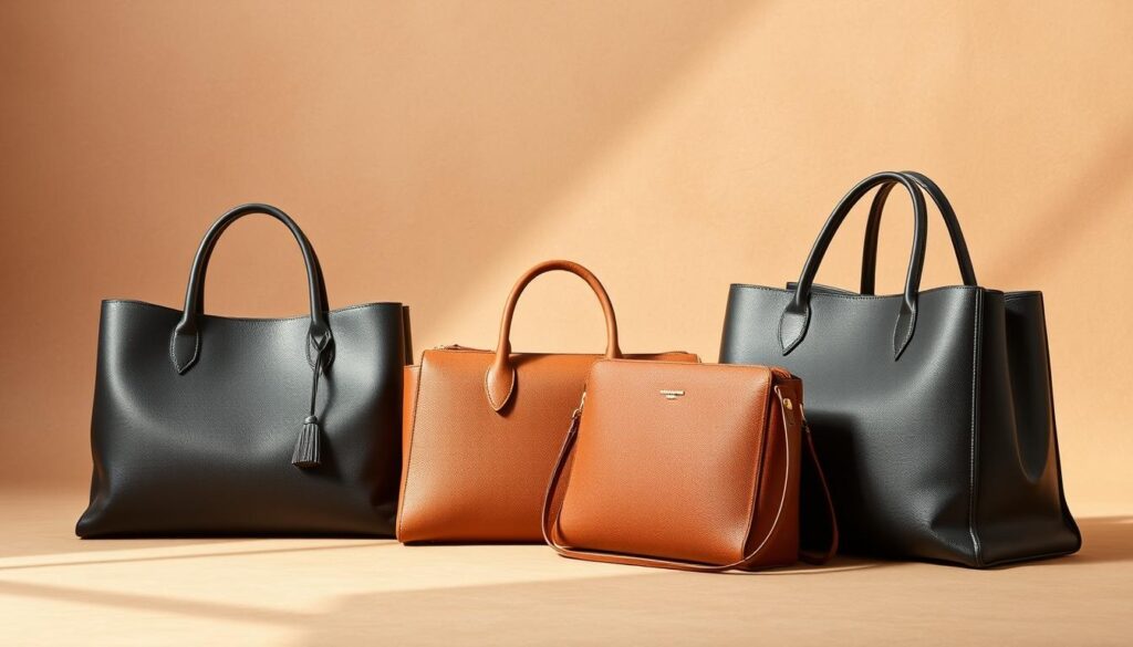 High-end sustainable luxury handbags from the Luxe Vault brand, displayed on a minimalist, earthy-toned background. The handbags feature clean, contemporary designs crafted from premium vegan leather and eco-friendly materials. Soft, directional lighting illuminates the bags, showcasing their premium quality and attention to detail. The overall scene conveys a sense of refined elegance and environmental consciousness, reflecting the intersection of luxury and sustainability. The camera angle is slightly elevated, allowing the viewer to appreciate the tactile textures and sleek silhouettes of the handbags.