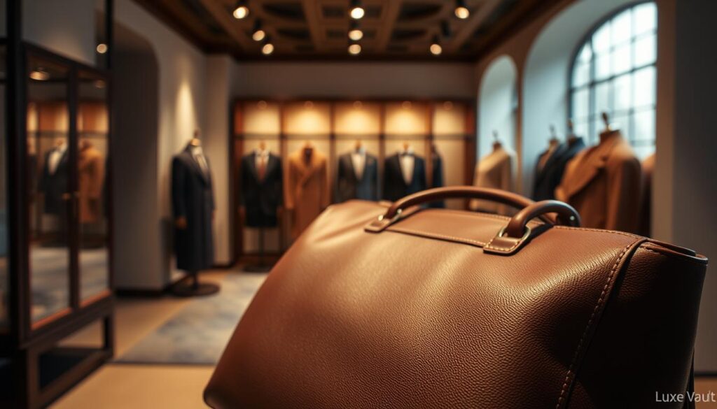 Luxe Vault: A meticulously crafted luxury fashion collection, showcasing the pinnacle of haute couture. In the foreground, a supple leather handbag with intricate, hand-stitched detailing glistens under warm, diffused lighting. The middle ground reveals a selection of impeccably tailored garments, each thread and seam a testament to the artistry of skilled artisans. The background sets the scene, a serene, gallery-like space with minimalist decor, allowing the craftsmanship to take center stage. Soft, muted tones and a sense of understated elegance pervade the scene, capturing the essence of timeless sophistication.