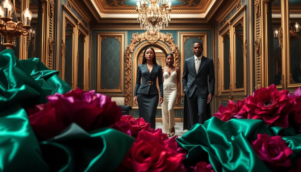 Luxe Vault: A meticulously curated display of opulent fashion color palettes dominating 2023. A sumptuous foreground showcases lush fabrics in shimmering emerald, regal amethyst, and decadent ruby hues. The middle ground features sleek, tailored silhouettes in muted tones of charcoal, ivory, and slate blue, exuding timeless elegance. The background depicts a lavish, gilded setting, with ornate architectural details and soft, diffused lighting that creates an atmosphere of refined luxury. The overall scene evokes a sense of sophistication, exclusivity, and the pinnacle of haute couture.