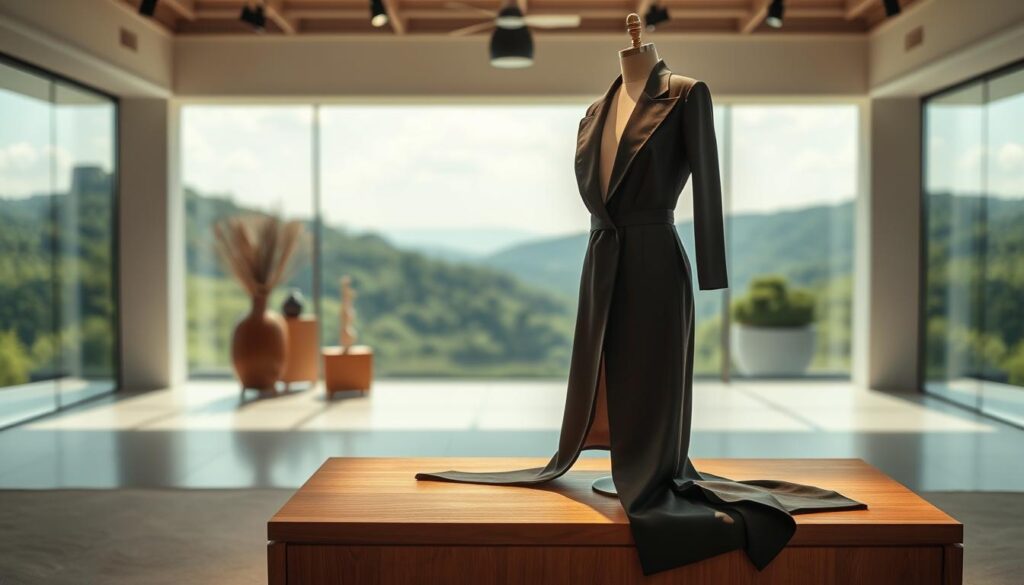 Luxe Vault: A sustainable luxury fashion showcase. In the foreground, a sleek and stylish garment made from premium eco-friendly materials, draped elegantly on a wooden display. The middle ground features a well-lit studio setting with minimalist decor, highlighting the sophisticated craftsmanship. In the background, a panoramic view of a lush, verdant landscape, conveying a sense of harmony between high-end design and environmental consciousness. Soft, natural lighting casts a warm, inviting glow, while a shallow depth of field creates a sense of depth and focus on the central fashion piece. The overall mood is one of refined elegance, innovation, and a commitment to sustainable practices in the luxury fashion industry.