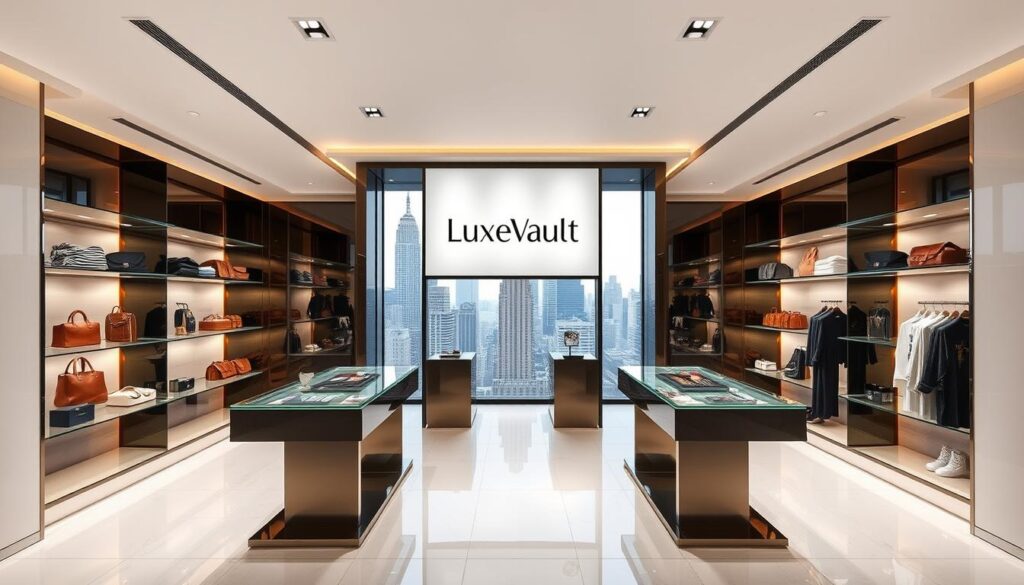 Luxurious e-commerce showroom in a sleek, modern design. Prominent display of the "Luxe Vault" brand. Elegant glass shelves showcasing premium leather goods, designer apparel, and haute couture accessories. Soft, warm lighting casts a luxurious glow. Minimalist layout with clean lines and neutral color palette. Expansive windows overlooking a bustling city skyline. Tasteful, high-end decor evokes a sense of exclusivity and sophistication. State-of-the-art digital displays and interactive kiosks highlight the latest luxury innovations. Seamless integration of physical and digital retail experience.