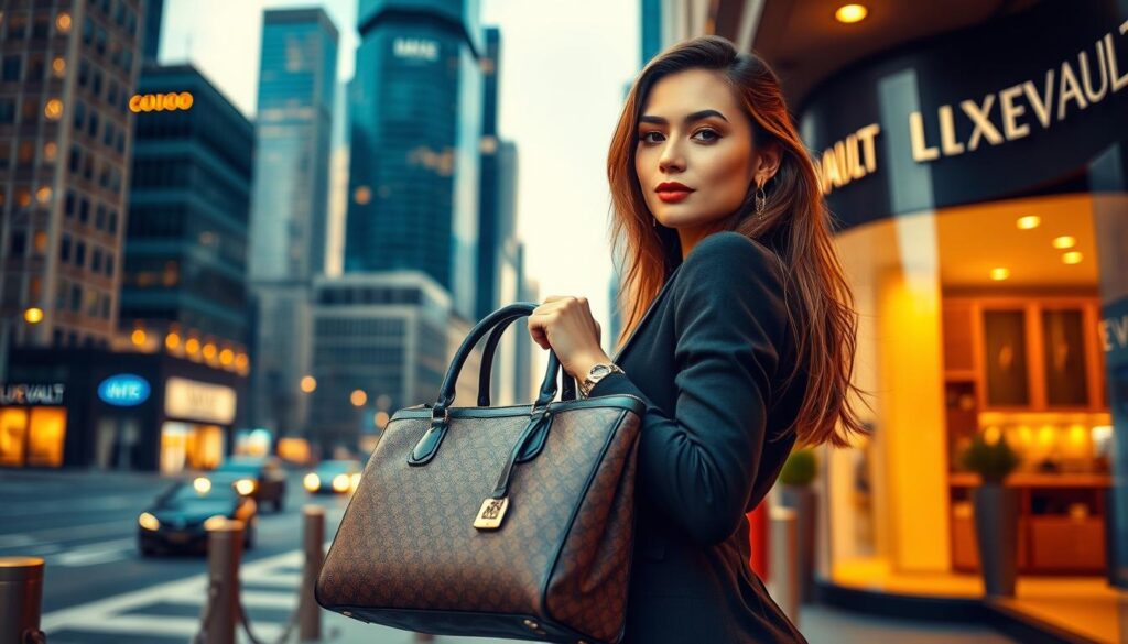 Luxurious high-end fashion scene with a stylish female influencer posing elegantly in the foreground, showcasing the latest designer handbag from the "Luxe Vault" brand. Soft, warm lighting illuminates the scene, casting a golden glow. The background features a sophisticated metropolitan setting with skyscrapers and upscale boutiques, conveying a sense of affluence and exclusivity. The influencer's pose and expression exude confidence and glamour, embodying the aspirational lifestyle associated with luxury brands and social media influence.