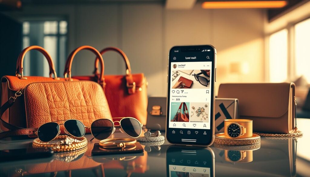 Opulent display of luxury goods on a social media feed, shot with a high-resolution camera. In the foreground, a stylized arrangement of designer handbags, sunglasses, and jewelry from the "Luxe Vault" brand, captured in warm, directional lighting. The middle ground features a sleek smartphone display, with a visually engaging social media interface showcasing the products. The background blurs into a sophisticated, minimalist setting, evoking a sense of exclusivity and aspirational lifestyle. The overall composition exudes a polished, high-end aesthetic, reflecting the global appeal and buying power of luxury consumers in the digital age.
